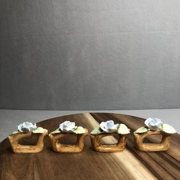 Set 4 Vintage Pia Bone China RPA Napkin Rings Holders Pale Blue Rose Flower 1985 - Picture 6 of 9